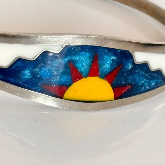 Vintage Sterling Silver Taxco Mexico Inlay Cuff Bangle Hinged Bracelet - Picture 4 of 7